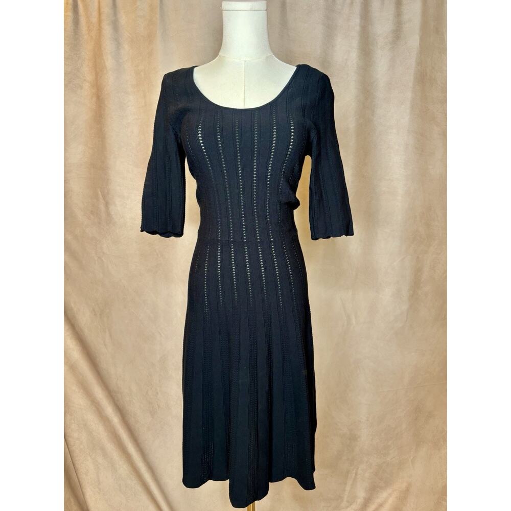 Lark & Ro Black Knit Midi Dress S Ribbed Fit Flare Scoop Neck Stretch